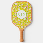 レトロモダンフラワーイエロー&ホワイトモノグラム ピックルボールラケット (正面)