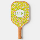 レトロモダンフラワーイエロー&ホワイトモノグラム ピックルボールラケット (裏面)
