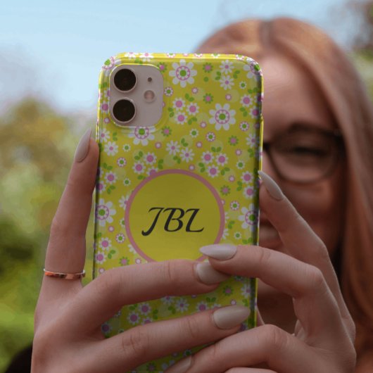 レトロモダンフラワーイエロー&ホワイトモノグラム Case-Mate iPhoneケース