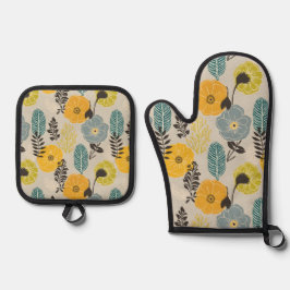 レトロモダンフローラオングレー 鍋つかみ&鍋敷きセット