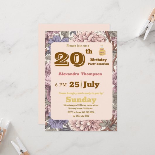 レトロモダンフローラ20thバースデーパーティー紫 招待状 (正面/裏面インサイチュ)