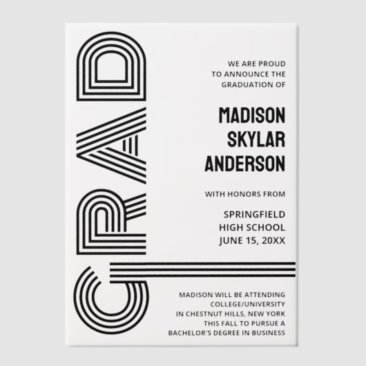 レトロモダンブラッククールタイポグラフィ卒業 ベラム紙招待状 (正面)