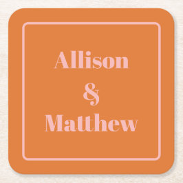 レトロモダンミニマルなピンクとオレンジの名前 スクエアペーパーコースター