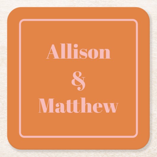 レトロモダンミニマルなピンクとオレンジの名前 スクエアペーパーコースター (正面)