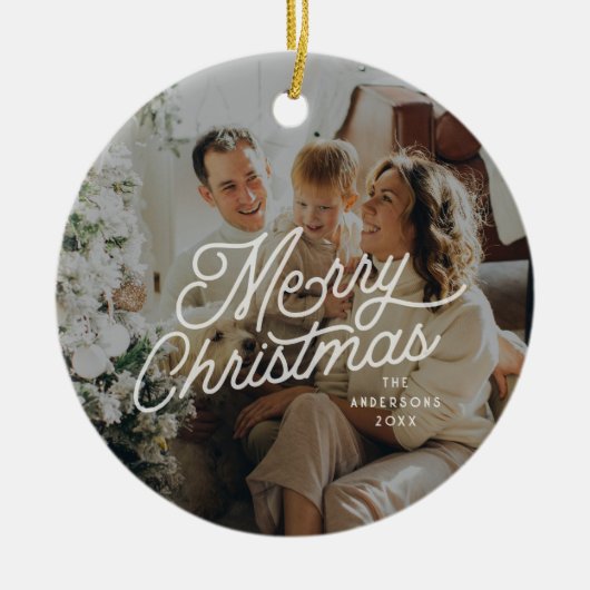 レトロモダンメリークリスマス写真スクリプはっきりしたト セラミックオーナメント (正面)