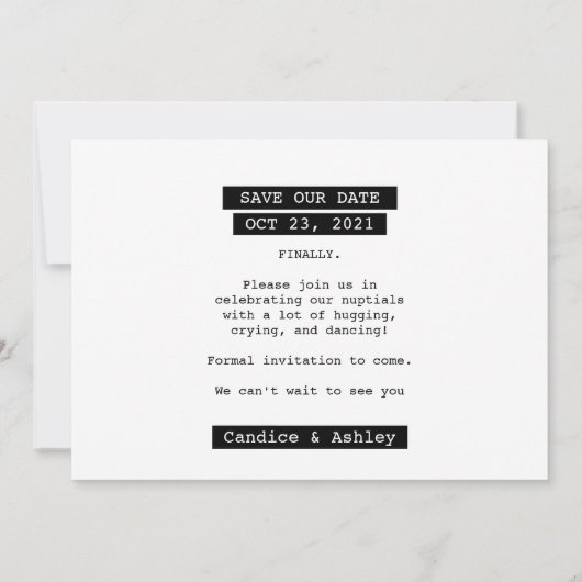 レトロモダンラベルメーカー日付写真おもしろいの保存 招待状 (裏面)