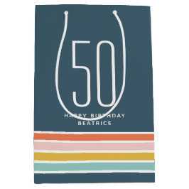 レトロモダンレインボーストライプ誕生日50th ミディアムペーパーバッグ