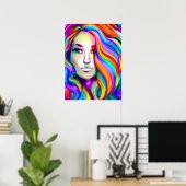 レトロモダンレインボーヘアの女性 ポスター (ホームオフィス)