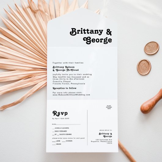 レトロモダンレタリングシールおよび送信 オールインワン招待状