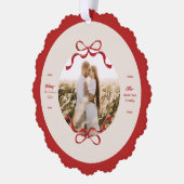 レトロモダンレッドボウズトレンディークリスマスフォト オーナメントカード (左)