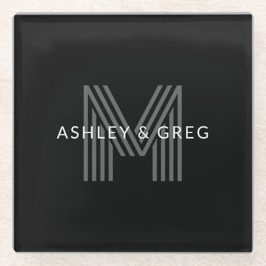 レトロモダン名/s編集可能モノグラムブラック&グレー ガラスコースター (正面)