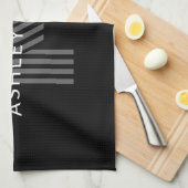 レトロモダン名/s編集可能モノグラムブラック&グレー キッチンタオル (四つ折り)