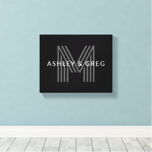 レトロモダン名/s編集可能モノグラムブラック&グレー キャンバスプリント