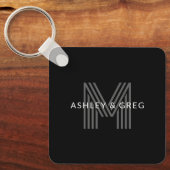 レトロモダン名/s編集可能モノグラムブラック&グレー キーホルダー (正面)