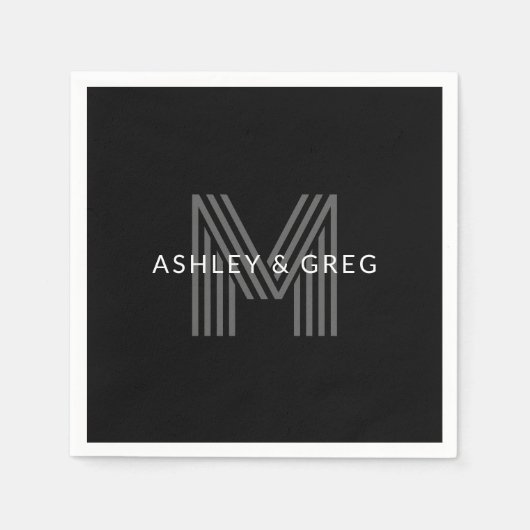 レトロモダン名/s編集可能モノグラムブラック&グレー スタンダードカクテルナプキン (正面)