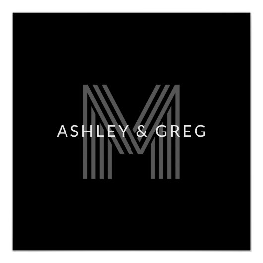 レトロモダン名/s編集可能モノグラムブラック&グレー ポスター (正面)