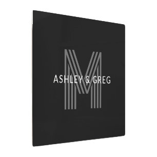 レトロモダン名/s編集可能モノグラムブラック&グレー メタルプリント