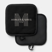 レトロモダン名/s編集可能モノグラムブラック&グレー 鍋敷き (正面/裏面)