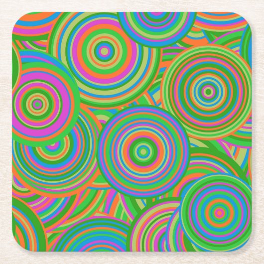レトロモダン抽象芸術円、緑とオレンジ色 スクエアペーパーコースター (正面)