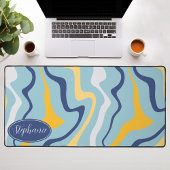 レトロモダン抽象芸術大理石スワールブルーとイエロー デスクマット