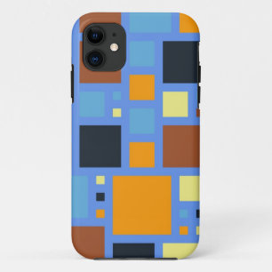 レトロモダン正方形パターン ブルーイエローブラウン iPhone 11 ケース