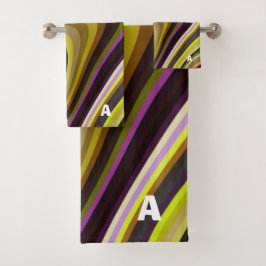 レトロモダン波形モノグラムグリーンパープルブラウン バスタオルセット