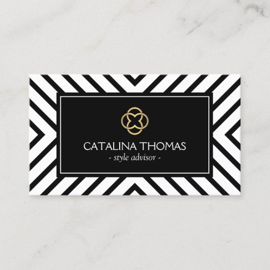 レトロモダン白黒パターン金ゴールドクローバーロゴ 名刺 (正面)