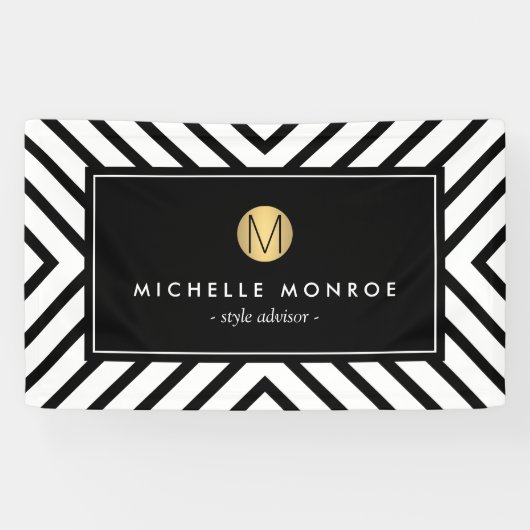 レトロモダン白黒パターン金ゴールドモノグラム 横断幕 (横)