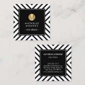 レトロモダン白黒パターン金ゴールド円モノグラム スクエア名刺 (正面/裏面)
