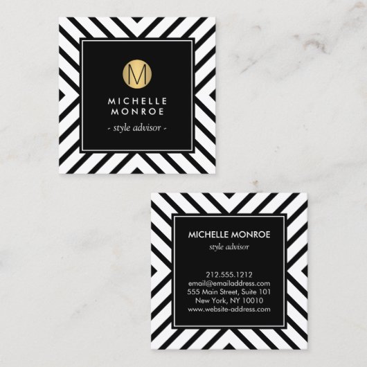 レトロモダン白黒パターン金ゴールド円モノグラム スクエア名刺 (正面/裏面)