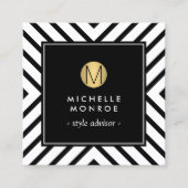 レトロモダン白黒パターン金ゴールド円モノグラム スクエア名刺 (正面)