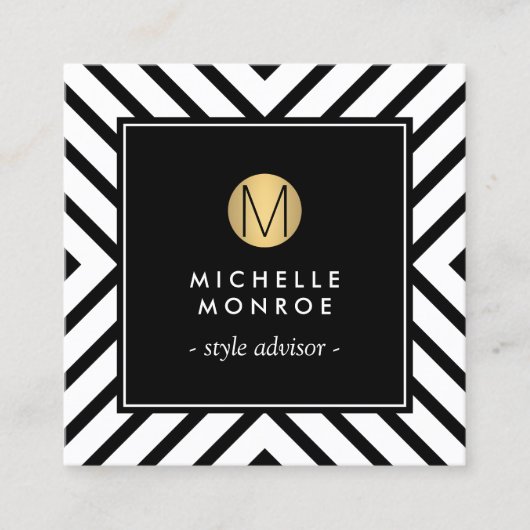 レトロモダン白黒パターン金ゴールド円モノグラム スクエア名刺 (正面)