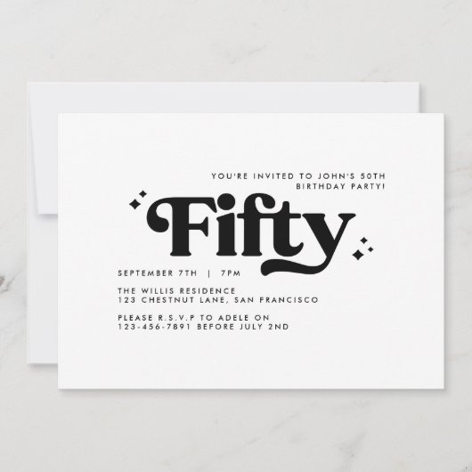 レトロモダン白黒ミニマル50歳の誕生日 招待状 (正面)