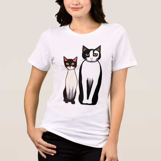 レトロモダン白黒猫と子猫 トライブレンドTシャツ (正面)