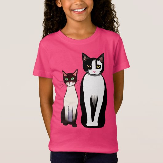 レトロモダン白黒猫と子猫 Tシャツ (正面)
