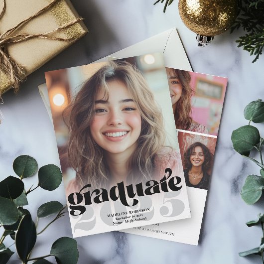 レトロモダン白黒4写真卒業 招待状