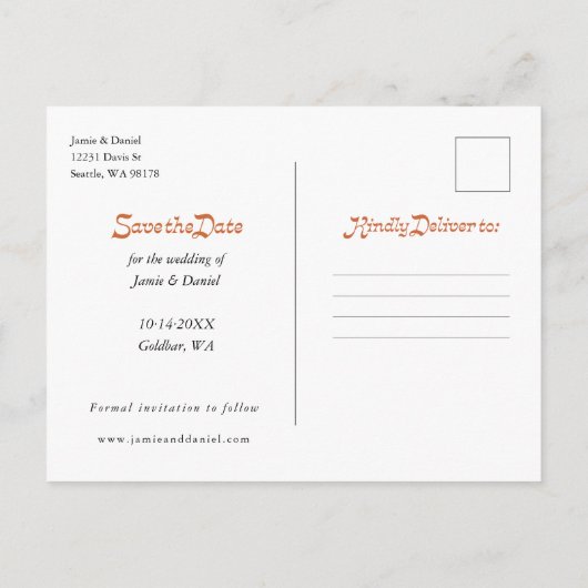 レトロモダン秋の結婚式日付の通知を保存 案内ポストカード (裏面)