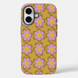 レトロモダン花の模様(黄色と紫) iPhone 16ケース