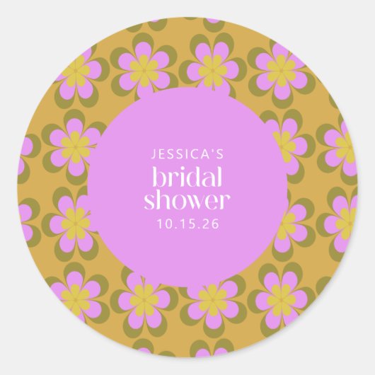 レトロモダン花紫と黄色のブライダルシャワー ラウンドシール (正面)