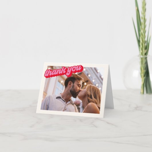 レトロモダン グルーヴィー ボールド ピンク レッド フォト サンキューカード (正面)