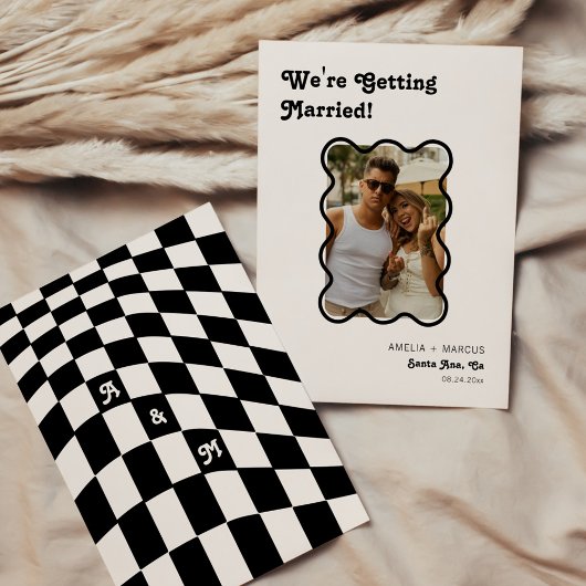 レトロモダン シック ブラック チェッカー 保存日 招待状