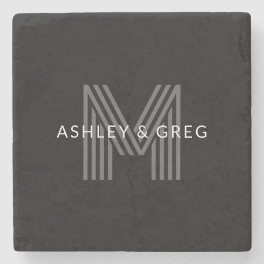 レトロモダン ネーム/編集可能なモノグラム 黒とグレー ストーンコースター (正面)