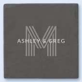 レトロモダン ネーム/編集可能なモノグラム 黒とグレー ストーンコースター