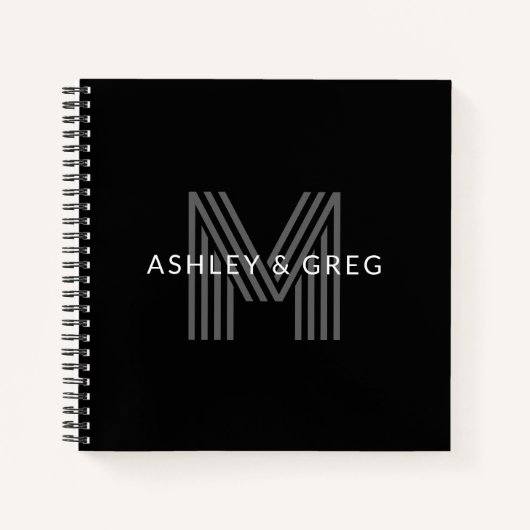 レトロモダン ネーム/編集可能なモノグラム 黒とグレー ノートブック (正面)