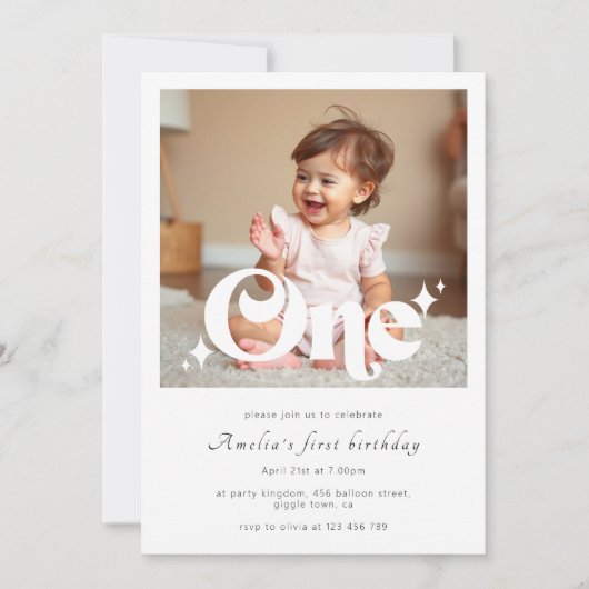 レトロモダン ファーストバースデーパーティー フォト 招待状 (正面)