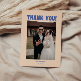 レトロモダン ブルー＆ベージュの結婚式の写真 サンキューカード