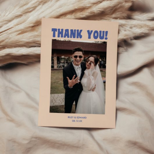レトロモダン ブルー&ベージュの結婚式の写真 サンキューカード
