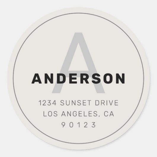 レトロモダン モノグラム  | ブラック グレー & オフホワイト ラウンドシール (正面)