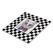レトロモノクロ市松模様のヒップスターキャット(名入れ可能) タイル (側面)