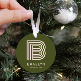 レトロモノグラムと名前オレンジとグリーンクリスマス メタルオーナメント